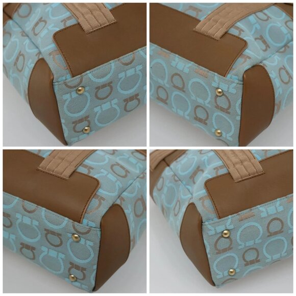 Salvatore Ferragamo Gancini Tote Bag Canvas Leather Light Blue Gold Auth gh706 - Picture 15 of 16